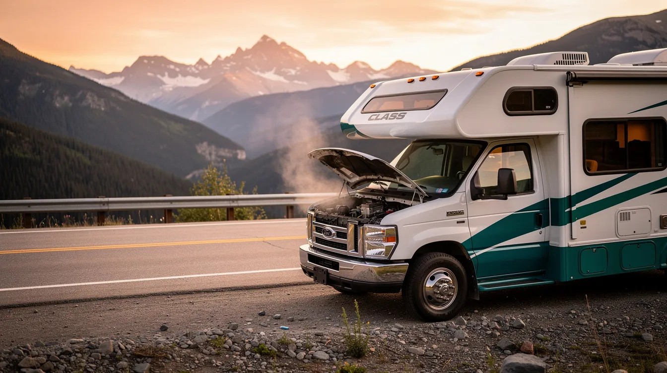 An RV is parked on the shoulder of a scenic road with its hood open, indicating a need for emergency repairs. The surrounding landscape features lush greenery, suggesting a serene location for RV owners to stop and seek mobile RV repair services.