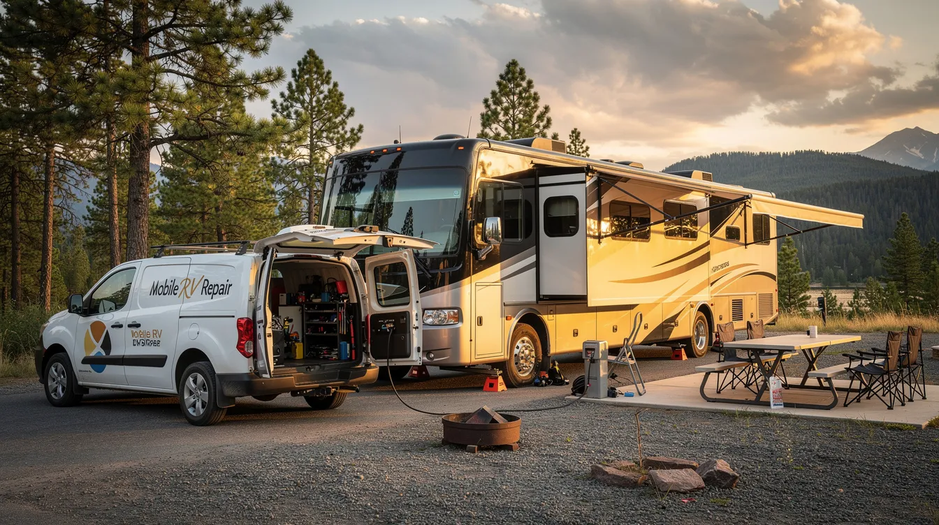 A mobile RV repair van is parked next to a large RV at a scenic campground, ready to provide professional service for routine maintenance and emergency repairs. The van is equipped with tools and certified technicians to assist RV owners with issues like roof leaks and electrical problems.