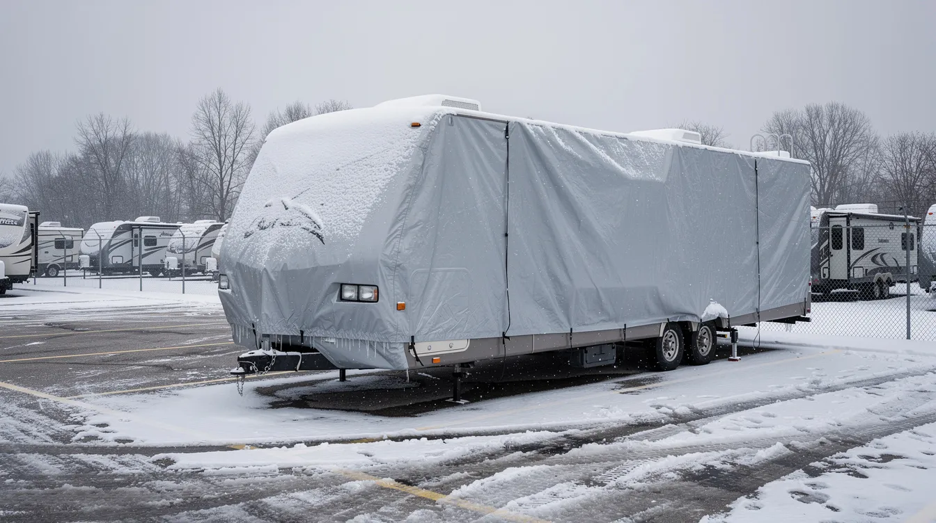 An RV is covered with a protective tarp in a winter storage lot, ensuring it is safeguarded from the elements during the off-season. This scene highlights the importance of routine maintenance and protection for RV owners, especially in colder months.